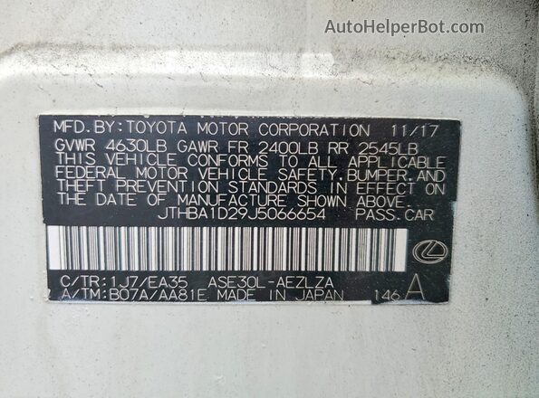 JTHBA1D29J5066654 2018 LEXUS IS Белый Вид наклейки с VIN-кодом