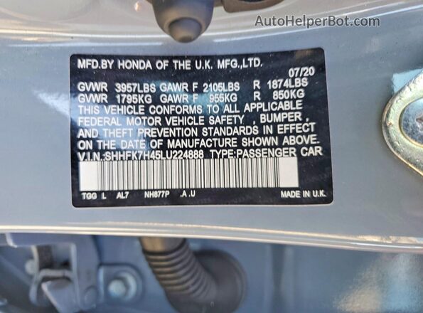 SHHFK7H45LU224888 2020 HONDA CIVIC Gray Vista de la etiqueta del VIN