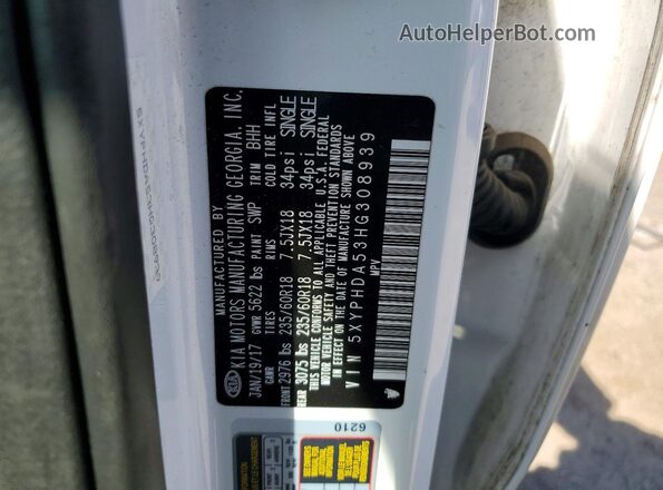 5XYPHDA53HG308939 2017 KIA SORENTO White Widok wnętrza 360 stopni