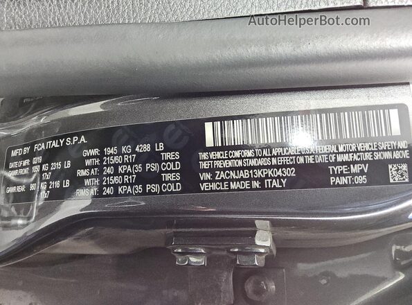 ZACNJAB13KPK04302 2019 JEEP RENEGADE Gray Widok wnętrza 360 stopni