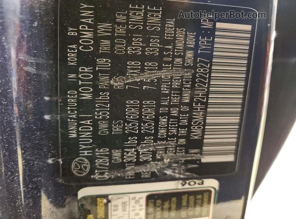 KM8SM4HF2HU222827 2017 HYUNDAI SANTA Blue Widok wnętrza 360 stopni