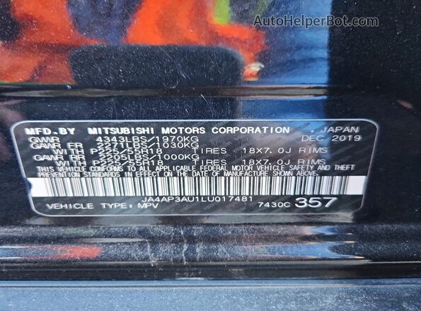 JA4AP3AU1LU017481 2020 MITSUBISHI OUTLANDER Черный Вид наклейки с VIN-кодом