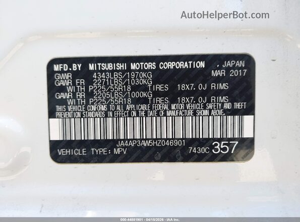 JA4AP3AW5HZ046901 2017 MITSUBISHI OUTLANDER SPORT White ძრავის განყოფილების ხედი
