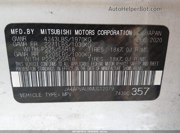 JA4APVAUXMU012079 2021 MITSUBISHI OUTLANDER SPORT White Widok komory silnika