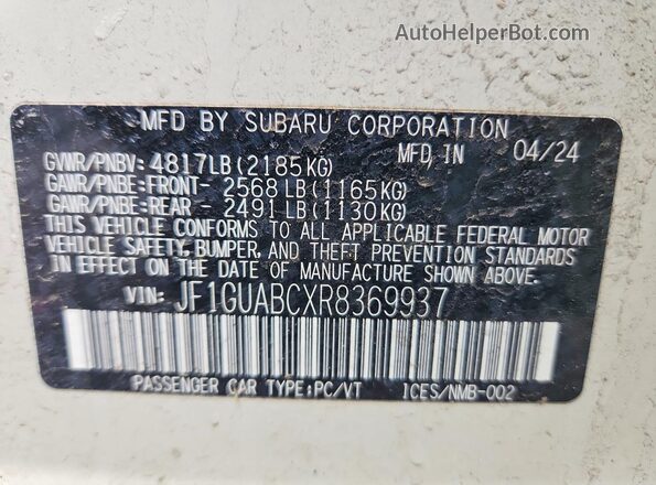 JF1GUABCXR8369937 2024 SUBARU IMPREZA White Вид наклейки з VIN-кодом
