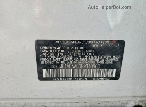 JF1VBAA60P9810863 2023 SUBARU WRX White Widok naklejki z numerem VIN