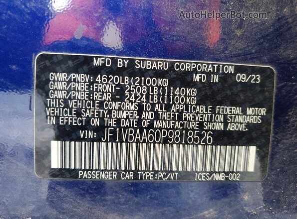 JF1VBAA60P9818526 2023 SUBARU WRX Синий Вид наклейки с VIN-кодом