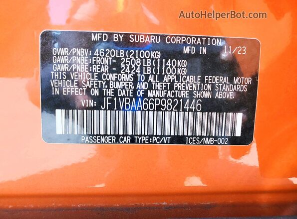 JF1VBAA66P9821446 2023 SUBARU WRX Оранжевый Вид наклейки с VIN-кодом