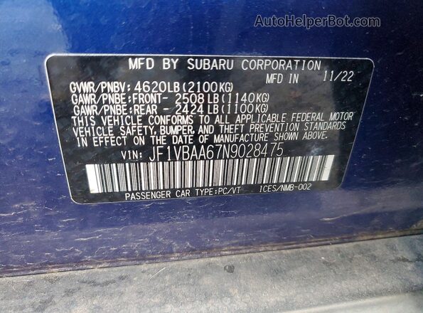 JF1VBAA67N9028475 2022 SUBARU WRX Синий Вид подкапотного пространства