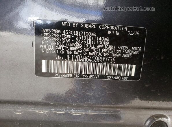 JF1VBAH64S9800738 2025 SUBARU WRX Угольный Вид наклейки с VIN-кодом