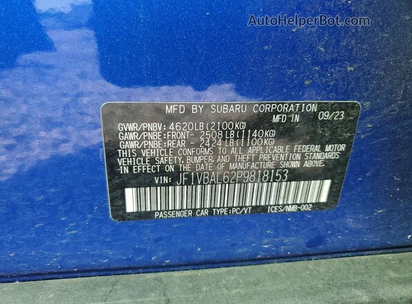 JF1VBAL62P9818153 2023 SUBARU WRX Синий Вид наклейки с VIN-кодом