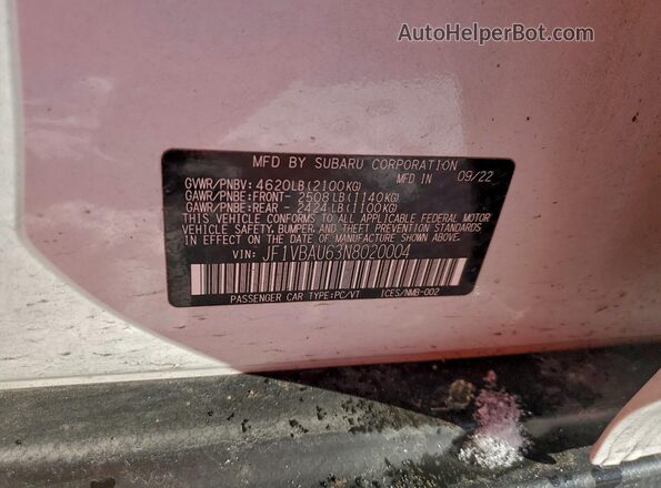 JF1VBAU63N8020004 2022 SUBARU WRX White ძრავის განყოფილების ხედი