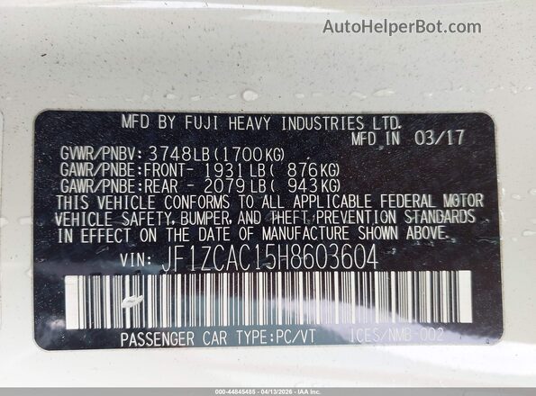 JF1ZCAC15H8603604 2017 SUBARU BRZ Белый Вид подкапотного пространства