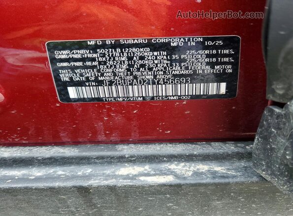 JF2BUPAD2TY456693 2026 SUBARU OUTBACK Red VIN კოდის სტიკერის ხედი