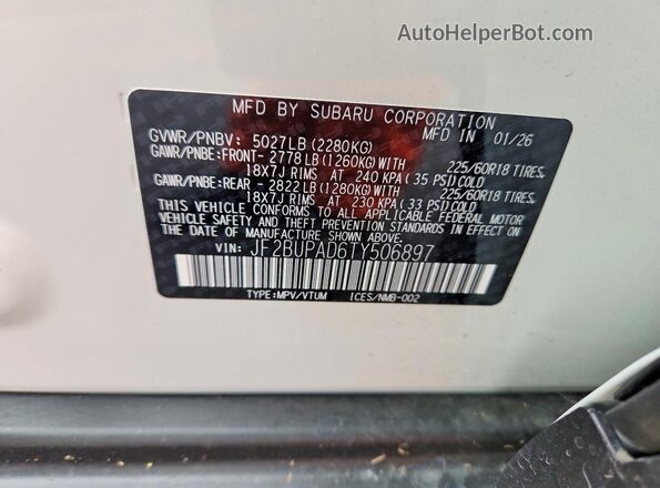 JF2BUPAD6TY506897 2026 SUBARU OUTBACK Белый Вид наклейки с VIN-кодом