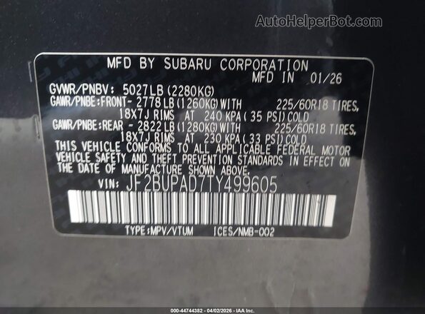 JF2BUPAD7TY499605 2026 SUBARU OUTBACK Серый Вид подкапотного пространства