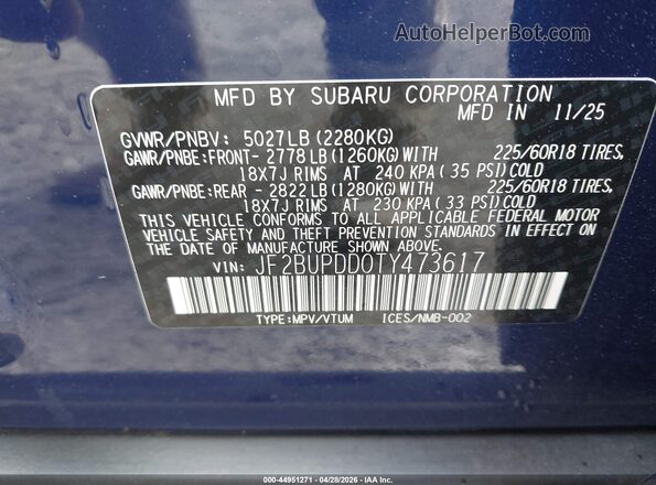 JF2BUPDD0TY473617 2026 SUBARU OUTBACK Синий Вид подкапотного пространства