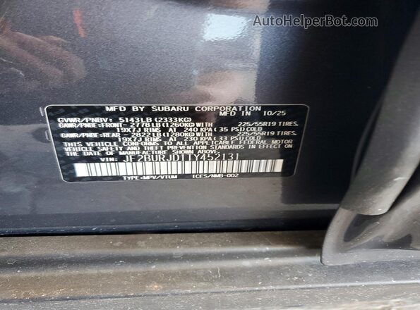 JF2BURJD1TY452131 2026 SUBARU OUTBACK Charcoal Engine compartment view