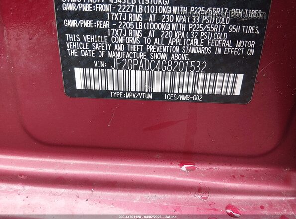 JF2GPADC4G8201532 2016 SUBARU CROSSTREK Red Շարժիչի բաժամունքի տեսք