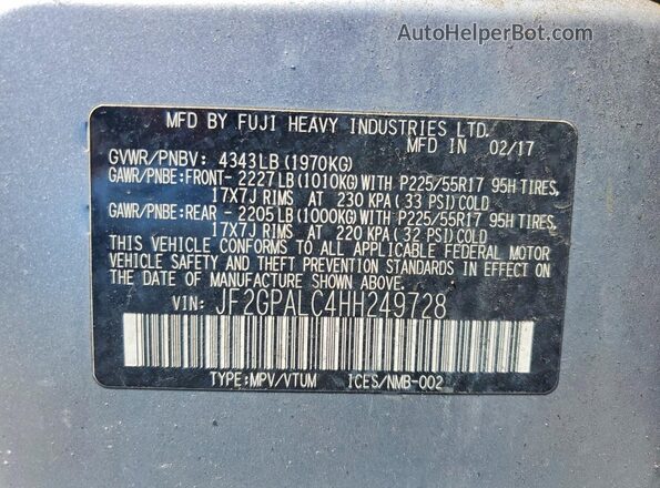 JF2GPALC4HH249728 2017 SUBARU CROSSTREK Серебряный Вид наклейки с VIN-кодом
