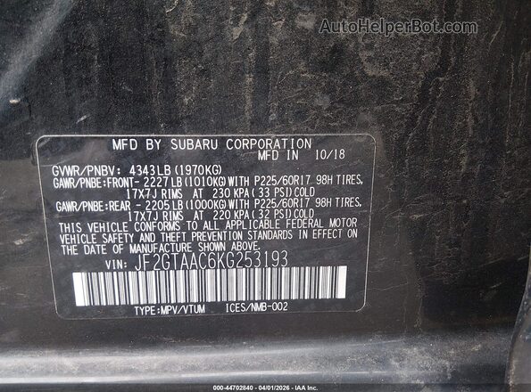 JF2GTAAC6KG253193 2019 SUBARU CROSSTREK Black Widok komory silnika
