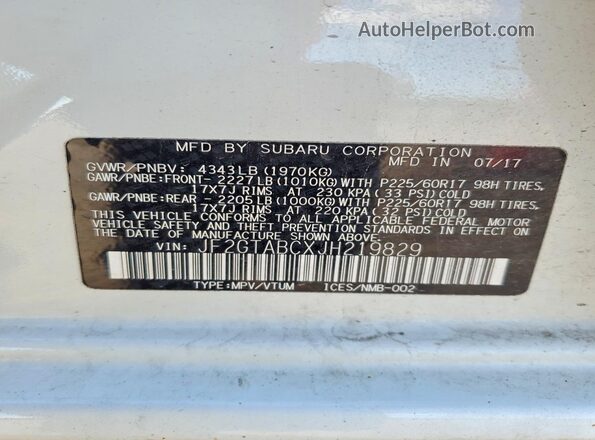 JF2GTABCXJH219829 2018 SUBARU CROSSTREK Белый Вид подкапотного пространства