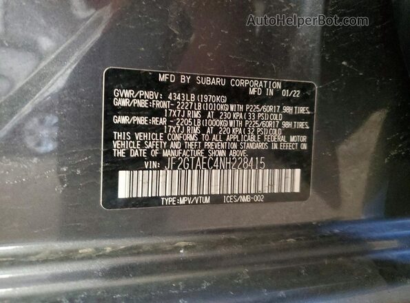 JF2GTAEC4NH228415 2022 SUBARU CROSSTREK Серый Вид наклейки с VIN-кодом