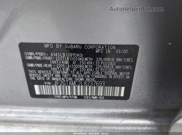 JF2GTAMC2L8237693 2020 SUBARU CROSSTREK Серебряный Вид подкапотного пространства