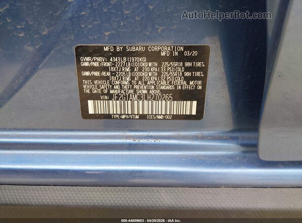 JF2GTAMC3LH270265 2020 SUBARU CROSSTREK Синий Вид подкапотного пространства