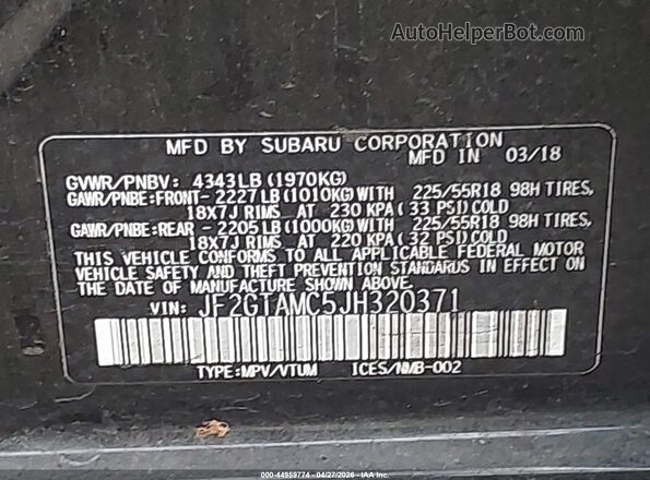 JF2GTAMC5JH320371 2018 SUBARU CROSSTREK Черный Вид подкапотного пространства