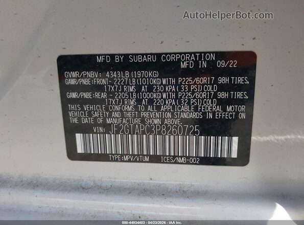 JF2GTAPC3P8260725 2023 SUBARU CROSSTREK Белый Вид подкапотного пространства