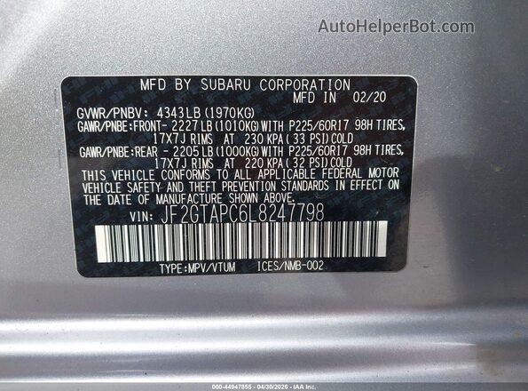 JF2GTAPC6L8247798 2020 SUBARU CROSSTREK Серебряный Вид подкапотного пространства