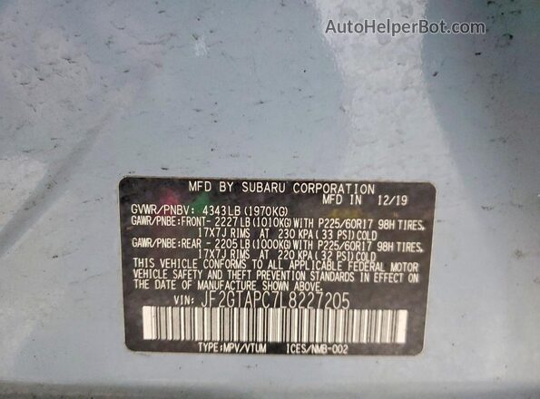 JF2GTAPC7L8227205 2020 SUBARU CROSSTREK Синий Вид наклейки с VIN-кодом