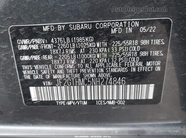 JF2GTHMC5NH274846 2022 SUBARU CROSSTREK Серый Вид подкапотного пространства