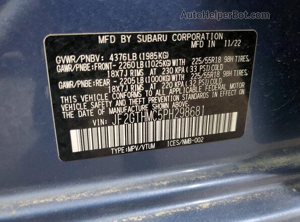JF2GTHMC5PH298681 2023 SUBARU CROSSTREK Blue Вид наклейки з VIN-кодом
