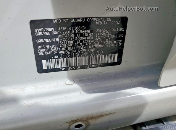 JF2GTHNC2NH228700 2022 SUBARU CROSSTREK White Շարժիչի բաժամունքի տեսք