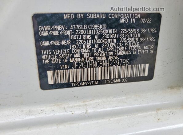 JF2GTHNC8NH239796 2022 SUBARU CROSSTREK White Widok naklejki z numerem VIN