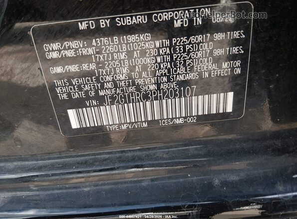 JF2GTHRC3PH203107 2023 SUBARU CROSSTREK Черный Вид подкапотного пространства