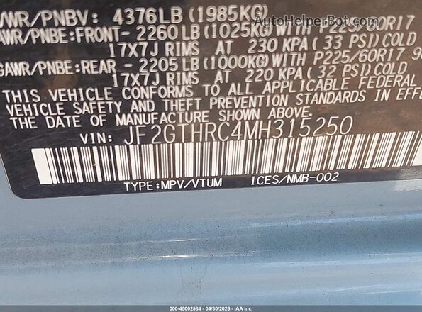 JF2GTHRC4MH315250 2021 SUBARU CROSSTREK Light Blue Engine compartment view