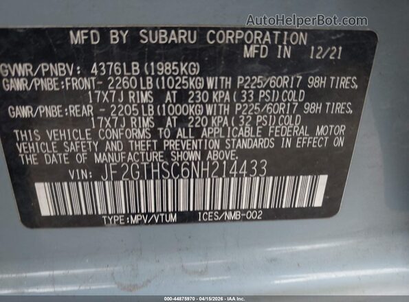 JF2GTHSC6NH214433 2022 SUBARU CROSSTREK Blue Շարժիչի բաժամունքի տեսք
