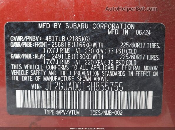 JF2GUADC1RH855755 2024 SUBARU CROSSTREK Orange Շարժիչի բաժամունքի տեսք