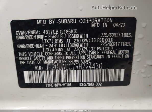 JF2GUADC7RH224430 2024 SUBARU CROSSTREK Белый Вид подкапотного пространства