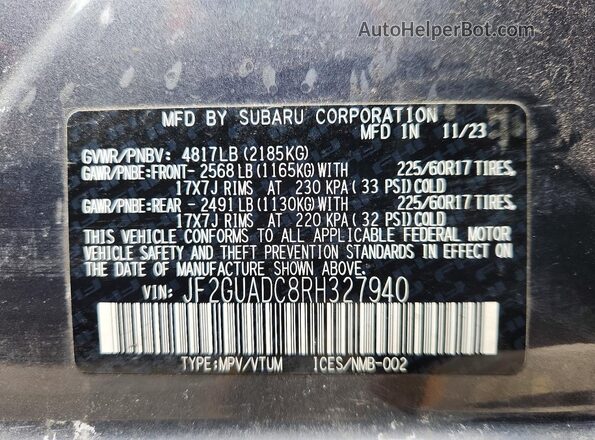 JF2GUADC8RH327940 2024 SUBARU CROSSTREK Серый Вид наклейки с VIN-кодом