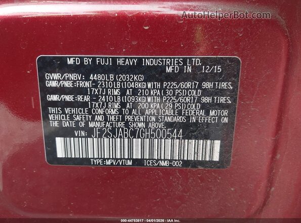 JF2SJABC7GH500544 2016 SUBARU FORESTER 2.5 Красный Вид подкапотного пространства