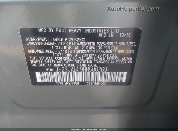 JF2SJABC9HH500269 2017 SUBARU FORESTER 2.5 Green Widok komory silnika
