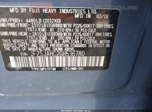 JF2SJAHC2GH536780 2016 SUBARU FORESTER 2.5 Синий Вид подкапотного пространства