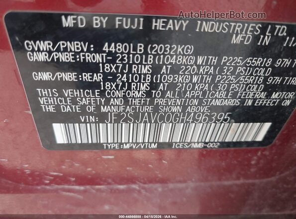 JF2SJAVC0GH496395 2016 SUBARU FORESTER Red Widok komory silnika