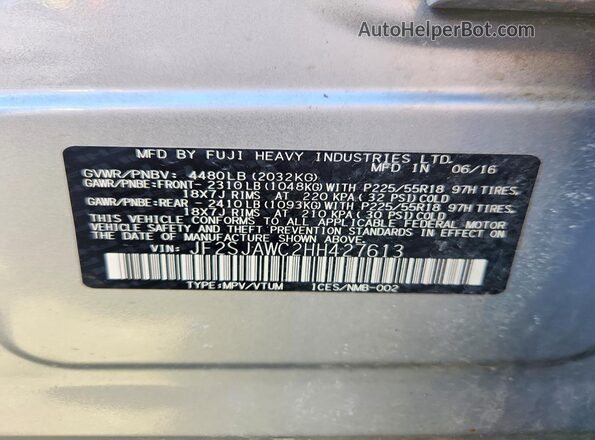 JF2SJAWC2HH427613 2017 SUBARU FORESTER 2.5I TO Серебряный Вид наклейки с VIN-кодом