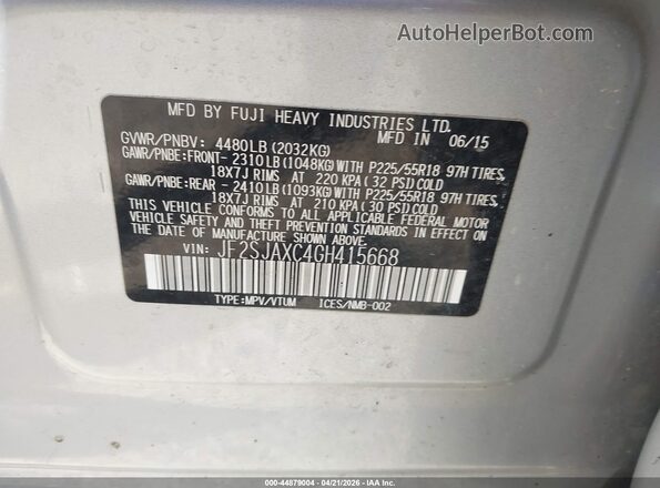 JF2SJAXC4GH415668 2016 SUBARU FORESTER 2.5I TO Silver Vista del compartimento del motor