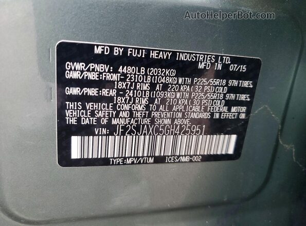 JF2SJAXC5GH425951 2016 SUBARU FORESTER 2.5I TO Зеленый Вид наклейки с VIN-кодом